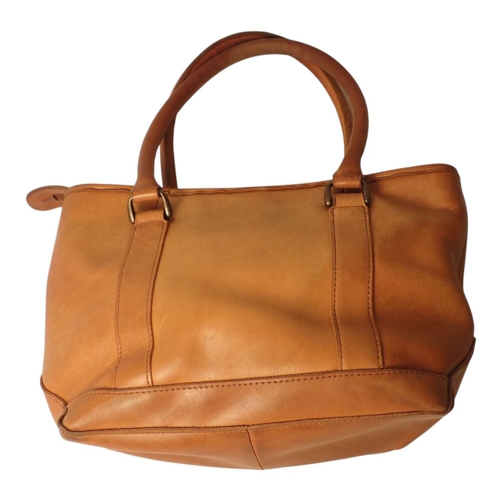 VTG L.L.Bean Leather Tote Top-Zip Double Handle Antique Brass Hardware Canvas